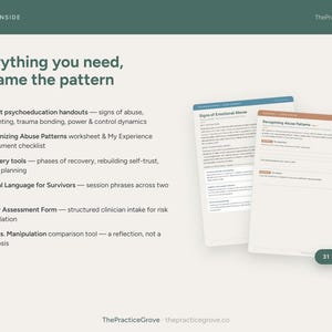 K&ouml;nnte beinhalten: Ein 31-seitiges digitales Ressourcenset mit dem Titel Everything you need, to name the pattern. Es enth&auml;lt psychoedukative Handouts, Arbeitsbl&auml;tter und Checklisten zu Anzeichen von Missbrauch, Traumabindung und Genesungshilfen.
