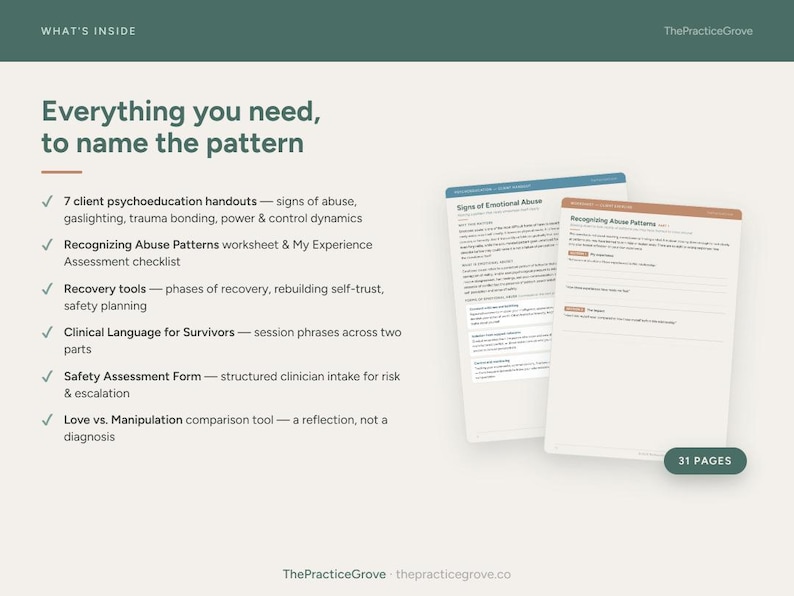 K&ouml;nnte beinhalten: Ein 31-seitiges digitales Ressourcenset mit dem Titel Everything you need, to name the pattern. Es enth&auml;lt psychoedukative Handouts, Arbeitsbl&auml;tter und Checklisten zu Anzeichen von Missbrauch, Traumabindung und Genesungshilfen.