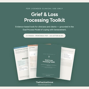 Op de afbeelding: Een digitale documentenset Grief & Loss Processing Toolkit met 31 pagina's in een printbaar PDF-formaat. De voorpagina is donkergroen met witte tekst, terwijl de binnenpagina's een Loss Timeline en Dual Process Model bevatten.