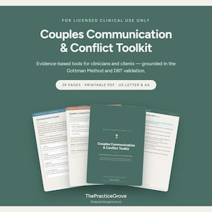Könnte beinhalten: Ein digitales Toolkit für Paarkommunikation und Konfliktlösung mit 39 Seiten als druckbares PDF. Das Dokument enthält evidenzbasierte Werkzeuge für Therapeuten und Klienten, basierend auf der Gottman-Methode und DBT-Validierung für A4.