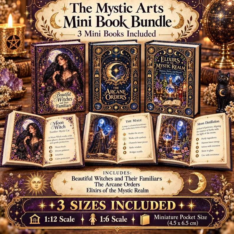May include: A set of three miniature books titled The Mystic Arts Mini Book Bundle, including Beautiful Witches and Their Familiars, The Arcane Orders, and Elixirs of the Mystic Realm. The books are shown in 1:12, 1:6, and 4.5 x 6.5 cm sizes.