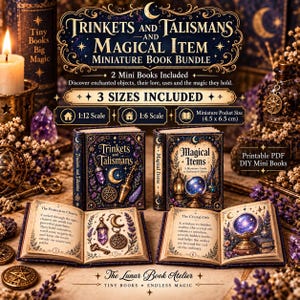 Puede incluir: Un paquete de libros en miniatura en PDF imprimible titulado Trinkets and Talismans and Magical Item. Incluye dos minilibros en escala 1:12, 1:6 y un tamaño de bolsillo de 4,5 x 6,5 cm. El set presenta páginas ilustradas con texto sobre amuletos.