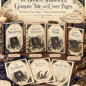 May include: A collection of printable book pages titled The Book of Shadows & Grimoire Title and Cover Pages. The set includes 59 title and cover pages plus 9 bonus pages in A4 and US sizes, featuring illustrations of books, moons, and stars.