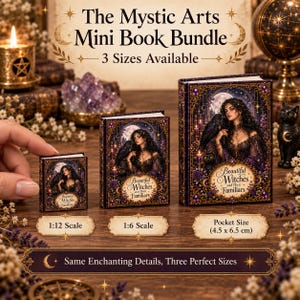 May include: Three miniature books titled Beautiful Witches and Their Familiars in 1:12 scale, 1:6 scale, and 4.5 x 6.5 cm pocket size. The covers feature a dark purple illustration of a woman with a raven and cat under a full moon.