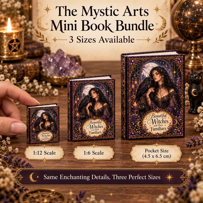 May include: Three miniature books titled Beautiful Witches and Their Familiars in 1:12 scale, 1:6 scale, and 4.5 x 6.5 cm pocket size. The covers feature a dark purple illustration of a woman with a raven and cat under a full moon.