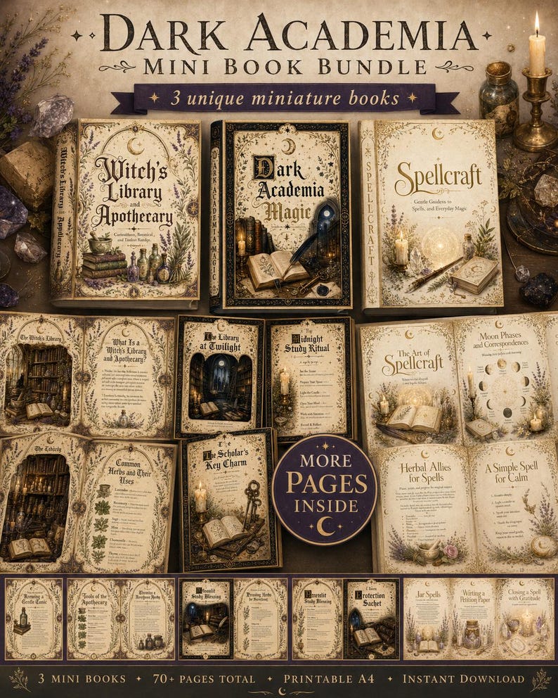 Puede incluir: Un conjunto de tres libros en miniatura Dark Academia titulados Witch's Library and Apothecary, Dark Academia Magic y Spellcraft. El set incluye ilustraciones detalladas de hierbas, velas y cristales en un total de 70 p&aacute;ginas.