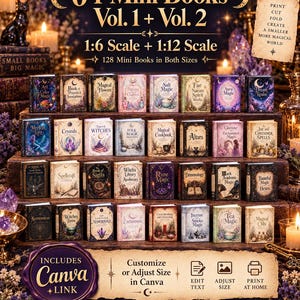 May include: A collection of 64 printable mini books in 1:6 and 1:12 scales, featuring titles like Art Color Magic, Book of Prayers, and Magical Flowers. The set includes 128 books total, with Canva links for editing, resizing, and printing at home.