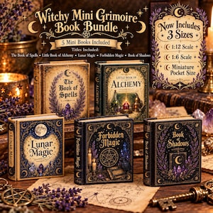 May include: A set of five miniature books titled Witchy Mini Grimoire Book Bundle, including The Book of Spells, Little Book of Alchemy, Lunar Magic, Forbidden Magic, and Book of Shadows. The covers feature ornate gold and purple illustrations.
