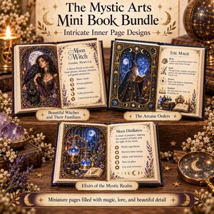May include: A set of three open miniature books titled The Mystic Arts Mini Book Bundle. The pages feature illustrations of a Moon Witch, a Mage, and a Moon Distillation ritual, accompanied by descriptive text, gold accents, and celestial motifs.
