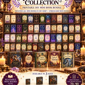 May include: A printable DIY miniature book bundle titled Complete Miniature Book Collection featuring 95+ unique books. The collection includes various titles like The Dragon Codex, Dark Origins, and The Elven Codex, available in 1:12, 1:6, and 5 cm pocket sizes.