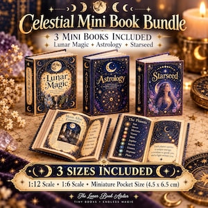 Puede incluir: Un conjunto de tres libros en miniatura llamado Celestial Mini Book Bundle, que incluye Lunar Magic, Astrology y Starseed. Dos libros abiertos muestran Moon Altar Essentials y The Planets. El texto indica 3 tamaños: 1:12, 1:6 y 4,5 x 6,5 cm.
