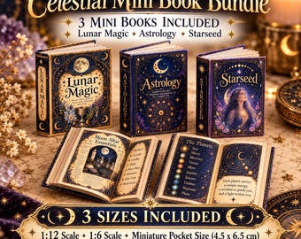 May include: A Celestial Mini Book Bundle featuring three miniature books titled Lunar Magic, Astrology, and Starseed. The set includes two open books displaying Moon Altar Essentials and The Planets. Text indicates 3 sizes: 1:12, 1:6, and 4.5 x 6.5 cm.