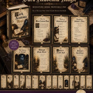 Puede incluir: Un conjunto de libros en miniatura imprimibles en PDF titulado Dark Academia Magic, que presenta p&aacute;ginas con ilustraciones de estilo vintage, bordes decorativos y texto instructivo para manualidades, rituales y hechizos, dise&ntilde;ado para imprimir, cortar y doblar.