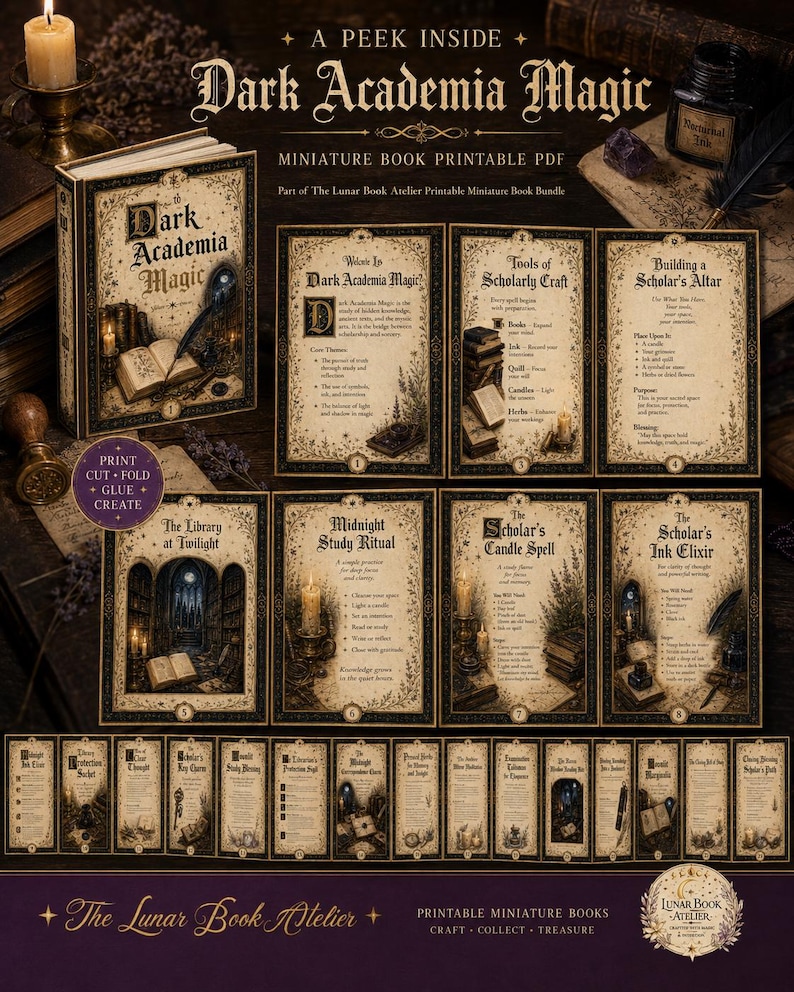 Puede incluir: Un conjunto de libros en miniatura imprimibles en PDF titulado Dark Academia Magic, que presenta p&aacute;ginas con ilustraciones de estilo vintage, bordes decorativos y texto instructivo para manualidades, rituales y hechizos, dise&ntilde;ado para imprimir, cortar y doblar.