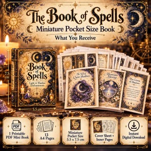 Pode incluir: Um livro de feitiços em miniatura de bolso medindo 5,5 cm por 7,5 cm, com ilustrações celestiais do sol e da lua. O conjunto inclui 13 páginas A4 imprimíveis, uma capa e páginas internas para download digital em formato PDF.