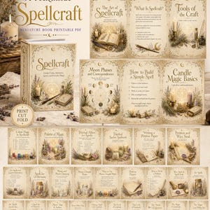 Puede incluir: Un libro en miniatura imprimible en PDF titulado A Peek Inside Spellcraft, con p&aacute;ginas que muestran ilustraciones de velas, hierbas y cristales. El conjunto incluye instrucciones para hechizos, fases lunares y sellos de cera.