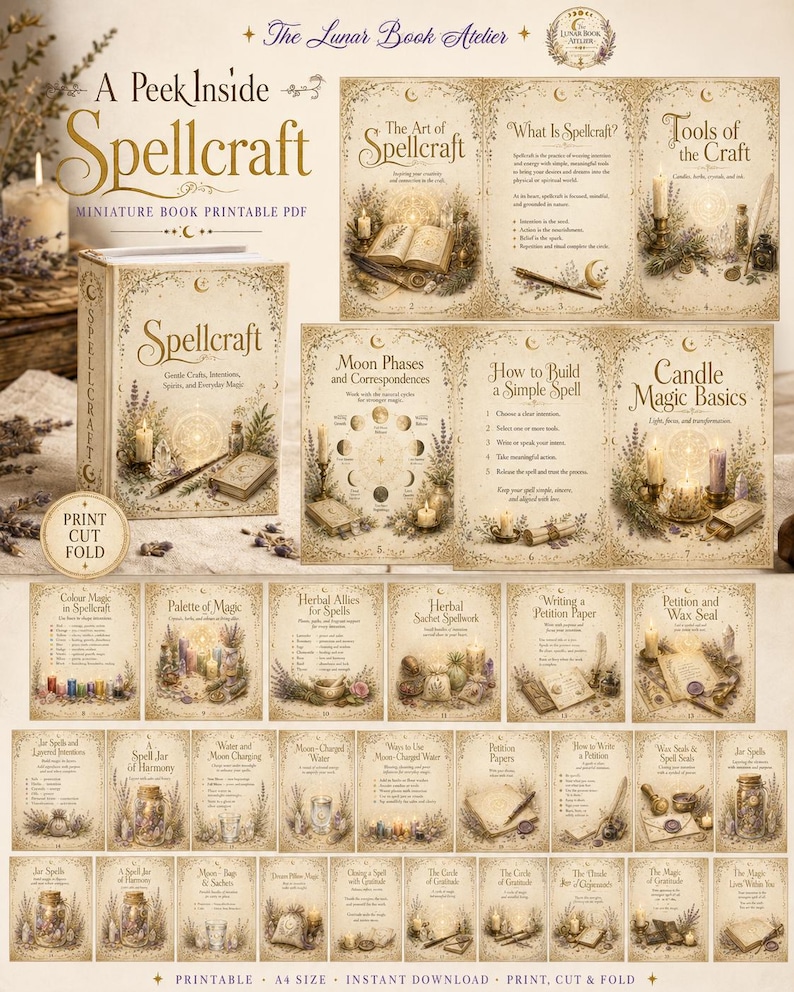 Puede incluir: Un libro en miniatura imprimible en PDF titulado A Peek Inside Spellcraft, con p&aacute;ginas que muestran ilustraciones de velas, hierbas y cristales. El conjunto incluye instrucciones para hechizos, fases lunares y sellos de cera.