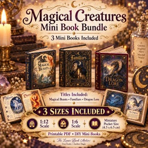 Puede incluir: Un paquete de minilibros Magical Creatures que incluye tres libros en miniatura titulados Magical Beasts, Familiars y Dragon Lore. El set incluye archivos PDF imprimibles a escala 1:12 y 1:6, y un tamaño de bolsillo miniatura de 4,5 x 6,5 cm.