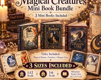 May include: A Magical Creatures Mini Book Bundle featuring three miniature books titled Magical Beasts, Familiars, and Dragon Lore. The set includes printable PDF DIY mini books in 1:12 and 1:6 scales, plus a 4.5 x 6.5 cm miniature pocket size.