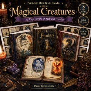 May include: A printable mini book bundle titled Magical Creatures: A Tiny Library of Mythical Wonders. The set includes three books: Magical Beasts, Familiars, and Dragon Lore, featuring ornate gold-toned covers and detailed illustrations of mythical creatures.