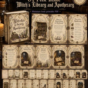 Puede incluir: Un PDF imprimible de libro en miniatura titulado A Peek Inside Witch's Library and Apothecary. El conjunto incluye 18 p&aacute;ginas de contenido ilustrado con hierbas, herramientas de boticario y rincones de lectura para imprimir y montar.
