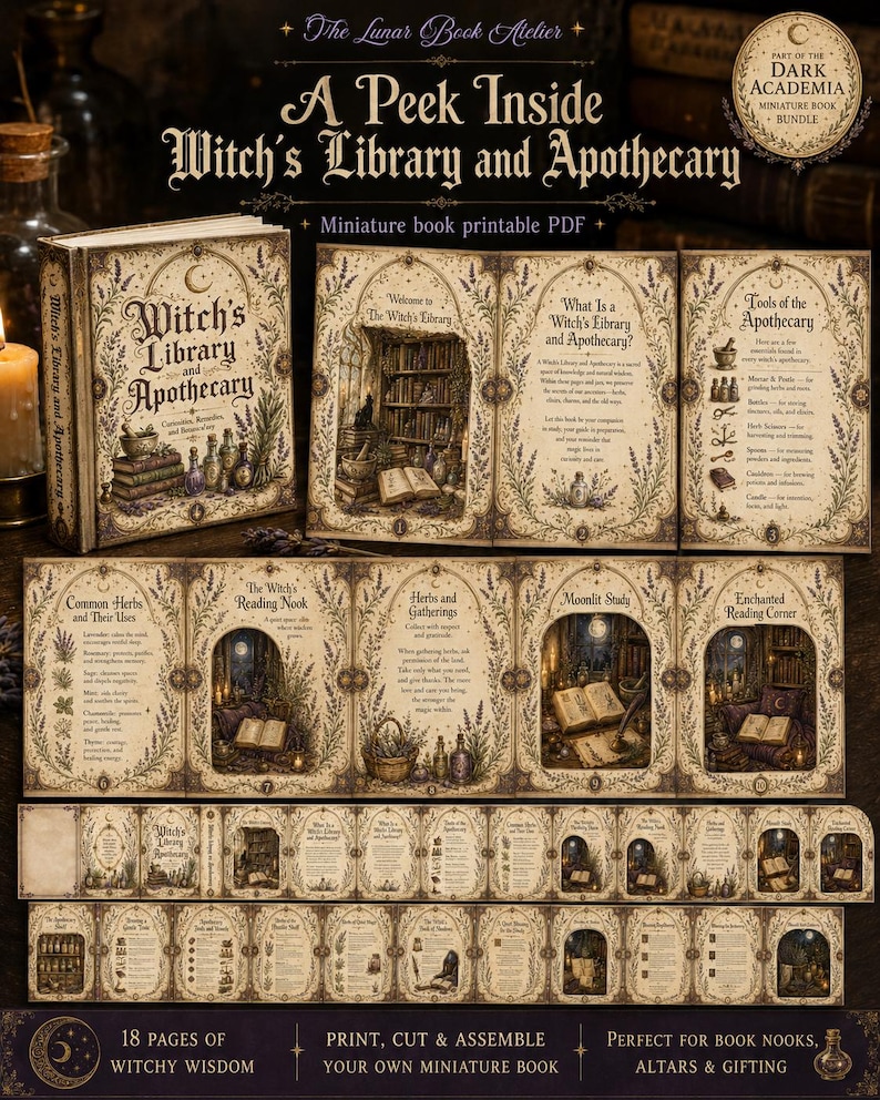 Puede incluir: Un PDF imprimible de libro en miniatura titulado A Peek Inside Witch's Library and Apothecary. El conjunto incluye 18 p&aacute;ginas de contenido ilustrado con hierbas, herramientas de boticario y rincones de lectura para imprimir y montar.