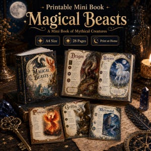 Może przedstawiać: Mini książeczka do druku zatytułowana Magical Beasts: A Mini Book of Mythical Creatures. Zestaw zawiera oprawioną książkę oraz pojedyncze strony z ilustracjami i opisami smoka, jednorożca, feniksa, gryfa i syreny.