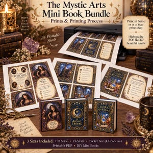 May include: A printable mini book bundle titled The Mystic Arts featuring A4 sheets with illustrations of witches, elixirs, and arcane orders. The set includes three finished miniature books and instructions for 1:12 scale, 1:6 scale, and 4.5 x 6.5 cm sizes.