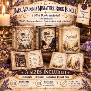 May include: A printable DIY miniature book bundle featuring three titles: Witch's Library Apothecary, Dark Academia Magic, and Spellcraft. The set includes 1:12 scale, 1:6 scale, and pocket size versions measuring 4.5 x 6.5 cm, with detailed illustrations of herbs, candles, and apothecary items.
