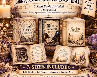 May include: A printable DIY miniature book bundle featuring three titles: Witch's Library Apothecary, Dark Academia Magic, and Spellcraft. The set includes 1:12 scale, 1:6 scale, and pocket size versions measuring 4.5 x 6.5 cm, with detailed illustrations of herbs, candles, and apothecary items.