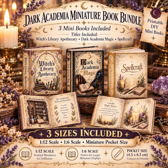 Dark Academia Mini Book Bundle PDF | 1/12, 1/6 Scale and Pocket Size A4 Printable