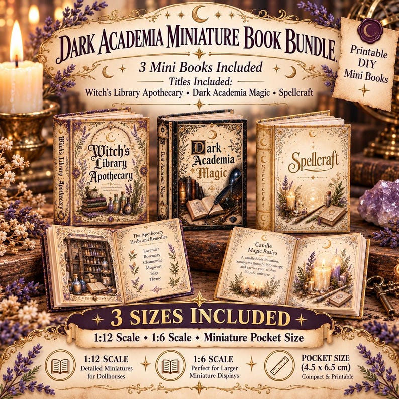 Puede incluir: Un paquete de libros en miniatura para imprimir con tres t&iacute;tulos: Witch's Library Apothecary, Dark Academia Magic y Spellcraft. Incluye escalas 1:12, 1:6 y tama&ntilde;o bolsillo de 4,5 x 6,5 cm, con ilustraciones detalladas de hierbas, velas y art&iacute;culos de botica.