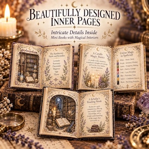 Puede incluir: Tres minilibros abiertos con p&aacute;ginas de color crema con bordes florales ornamentados y motivos celestiales. Las p&aacute;ginas muestran texto sobre hierbas de boticario, magia con velas, magia de colores y un rinc&oacute;n de lectura.