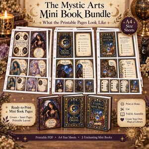 May include: A printable mini book bundle featuring A4 size sheets with mystical illustrations and text. The set includes three assembled mini books titled The Arcane Orders, Elixirs of the Mystic Realm, and Beautiful Witches and Their Familiars.