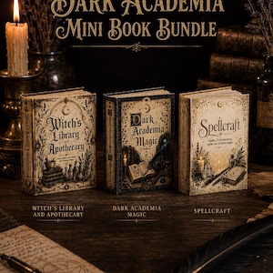 May include: A Dark Academia Mini Book Bundle featuring three books titled Witch's Library and Apothecary, Dark Academia Magic, and Spellcraft. The books have cream and black covers with intricate illustrations of candles, herbs, and quills.