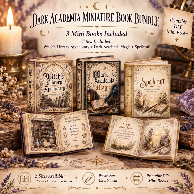 Puede incluir: Un conjunto de libros en miniatura Dark Academia que incluye tres libros DIY imprimibles titulados Witch's Library Apothecary, Dark Academia Magic y Spellcraft. El set muestra libros abiertos con remedios de hierbas y magia de velas, tama&ntilde;o bolsillo 4,5 x 6,5 cm.