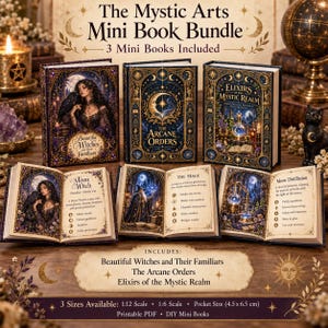 May include: A set of three miniature books titled The Mystic Arts Mini Book Bundle, including Beautiful Witches and Their Familiars, The Arcane Orders, and Elixirs of the Mystic Realm. The books feature ornate gold and blue covers and pages.