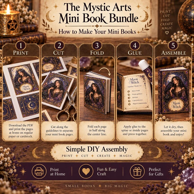 May include: A digital instructional guide titled The Mystic Arts Mini Book Bundle, featuring five steps: Print, Cut, Fold, Glue, and Assemble. The graphic displays a Moon Witch book cover design, instructions for DIY assembly, and icons for home printing.