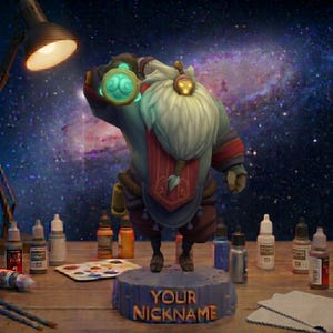 May include: A hand-painted figurine of a bearded character with a glowing teal orb, wearing a dark blue tunic and red sash, standing on a circular base with the text "YOUR NICKNAME" engraved on the front, surrounded by various paint bottles.