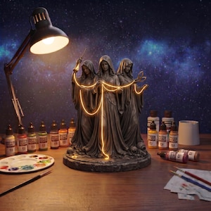 May include: A dark grey sculpture of three hooded figures standing together on a circular base, illuminated by a glowing yellow light string. The figures are surrounded by various small paint bottles, a white palette, and paintbrushes.