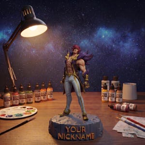 May include: A painted figurine of a male character with spiky red hair, wearing a dark purple and gold jacket, and white trousers. The figure stands on a circular gray base with the text "YOUR NICKNAME" embossed in gold on the front side.
