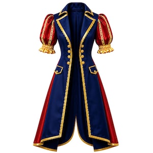 Pode incluir: Um casaco azul-marinho até o joelho com mangas bufantes vermelhas com acabamento dourado, lapela larga e botões dourados. A peça tem uma silhueta estruturada com debrum dourado nas bordas, dois bolsos falsos e uma bainha evasê.