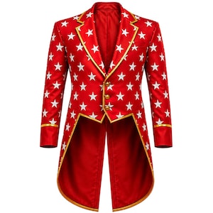 May include: A red tailcoat jacket featuring a repeating white star pattern throughout. The garment includes a notched lapel with gold trim, three gold-toned buttons on the front closure, and gold-trimmed cuffs on the long sleeves.