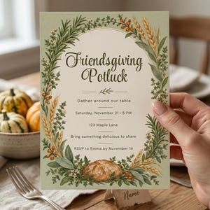 Friendsgiving Potluck Invitation, Botanical Thanksgiving Dinner Invite, Rustic Fall Potluck Party, Editable Friendsgiving Template