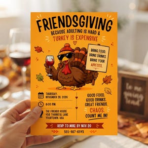 May include: An orange Friendsgiving invitation card featuring a cartoon turkey wearing a beanie and sunglasses, holding a wine glass and a sign that reads: BRING FOOD. BRING DRINKS. BRING YOUR APPETITE. Includes event details for November 28, 2026.