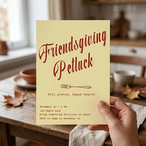 Uitnodiging voor een Friendsgiving-potluck, minimalistische uitnodiging voor een Thanksgiving-diner, retro Friendsgiving-feest, bewerkbaar sjabloon voor een herfstpotluck