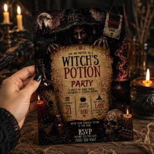 Peut inclure: Une carte d'invitation rectangulaire pour une fête de potions de sorcière avec une illustration gothique sombre d'une sorcière, un crâne, un chaudron et des flacons. Le texte indique les détails de l'événement le 21 juin 2024 à 20h00.