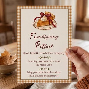Friendsgiving Potluck Invitation, Pumpkin Pie Thanksgiving Invite, Gingham Fall Dinner Party, Editable Friendsgiving Template