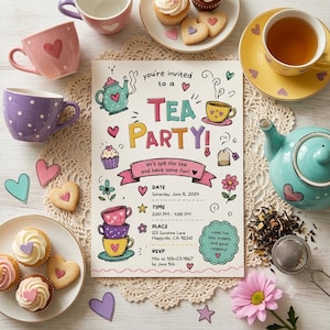 Peut inclure: Une carte d'invitation pour une fête de thé avec des illustrations colorées dessinées à la main de théières, tasses et cupcakes. Le texte indique : you're invited to a TEA PARTY! let's spill the tea and have some fun! DATE Saturday, June 15, 2024, TIME 2:00 PM - 4:00 PM, PLACE 123 Sunshine Lane Happyville, CA 90210, RSVP Mia at 555-123-4567 by June 5th.