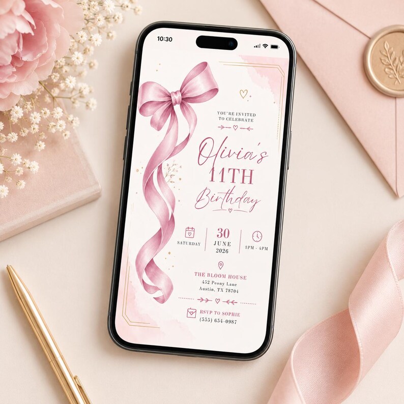May include: A smartphone displaying a digital birthday invitation with a pink ribbon graphic. The text reads: You're invited to celebrate Olivia's 11th Birthday, Saturday 30 June 2026, 1pm-4pm, The Bloom House, 452 Peony Lane, Austin, TX 78704, RSVP to Sophie (555) 654-0987.